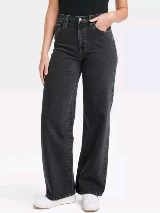 Universal Thread Denim - High-Rise Wide Leg Jeans Dark Wash Faded Black Womens Size 14R 90s Baggy Classic